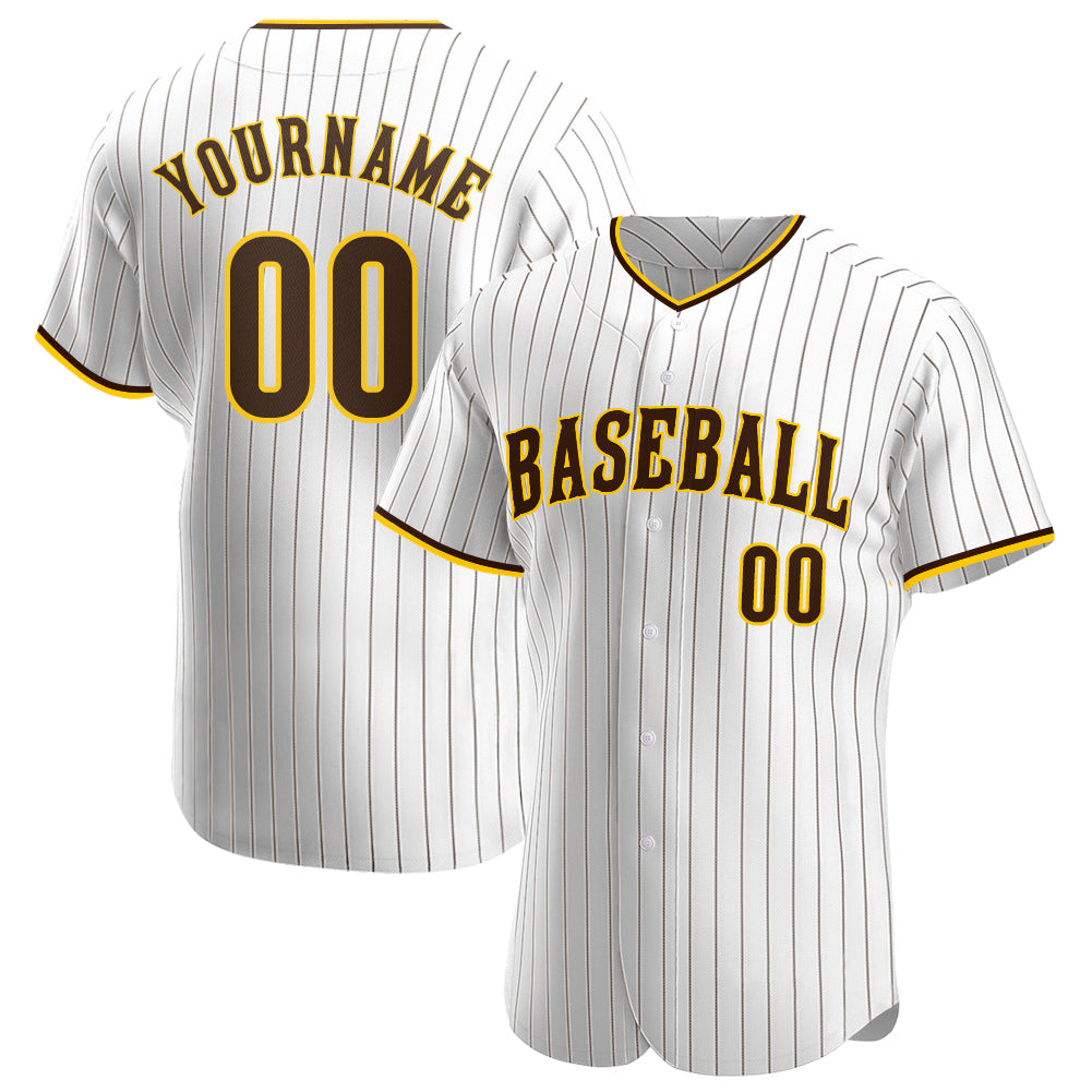 Custom White Brown Pinstripe Brown-Gold Authentic Baseball Jersey baseball jersey product view 1