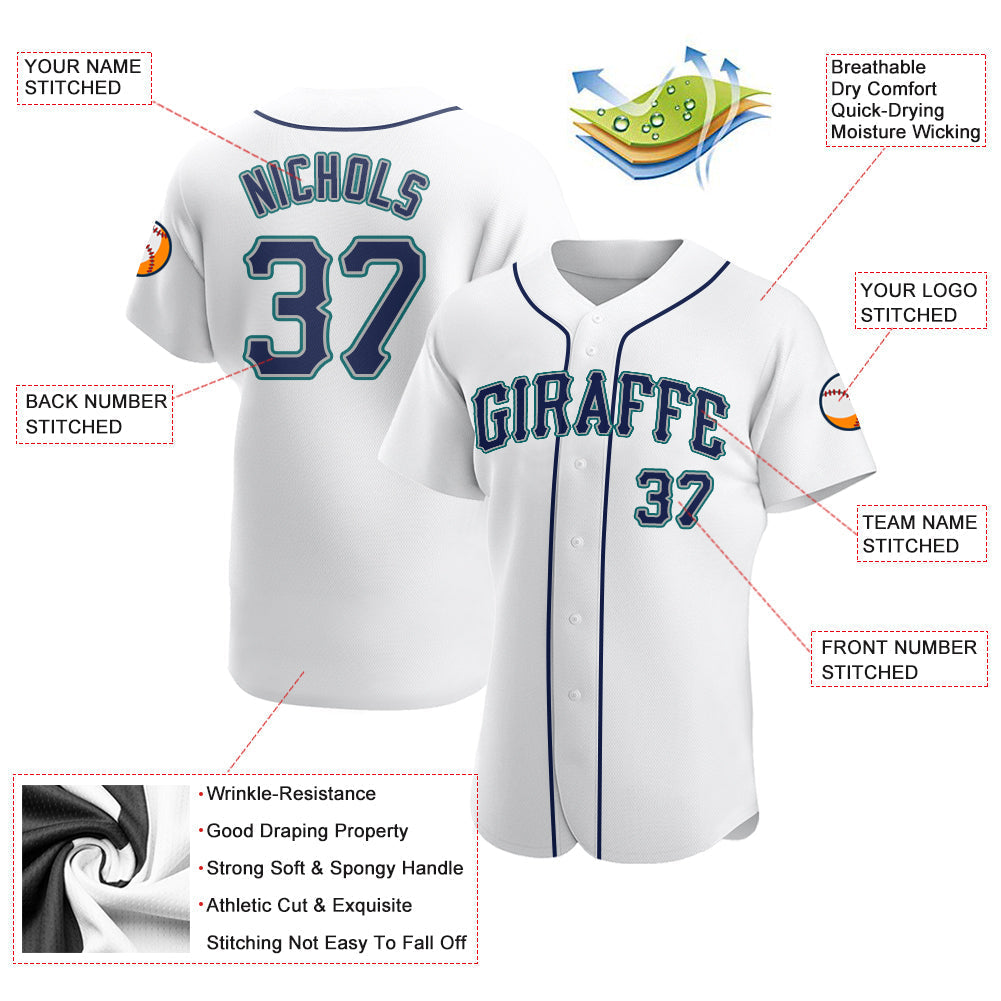 Custom White Navy-Teal Authentic Baseball Jersey baseball jersey product view 3