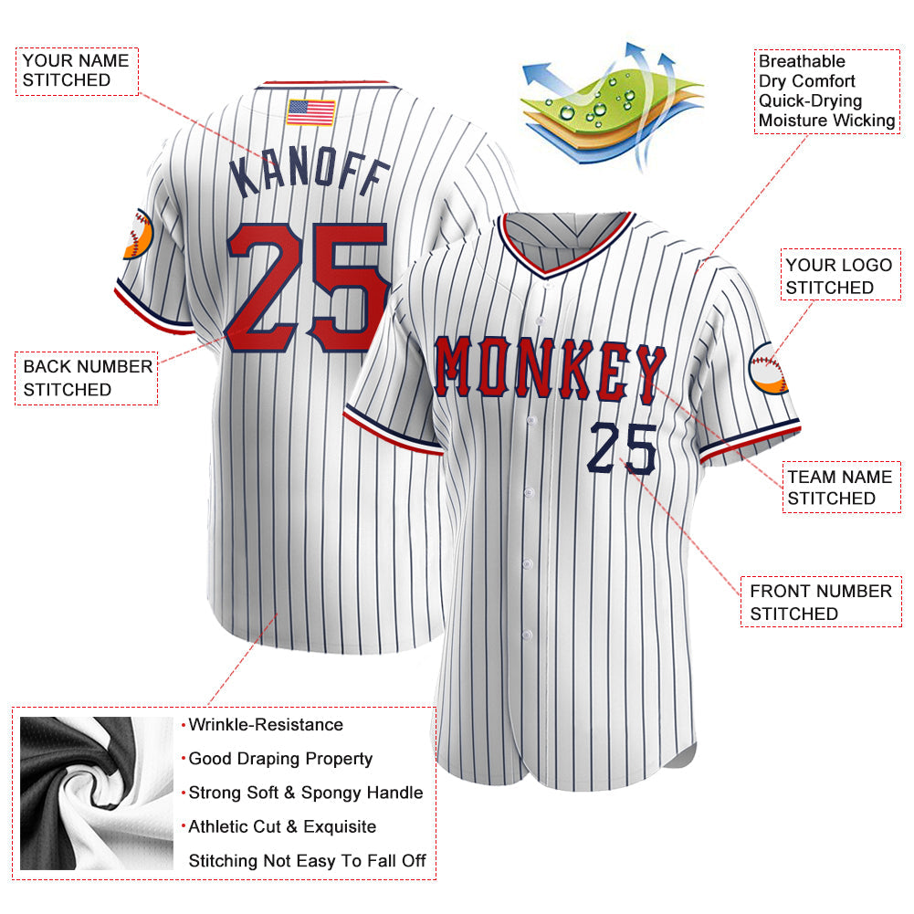 Custom White Navy Pinstripe Red-Navy Authentic American Flag Fashion Baseball Jersey baseball jersey product view 3