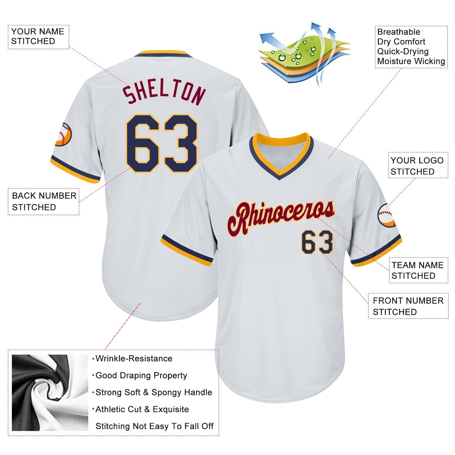 Custom White Navy-Gold Authentic Throwback Rib-Knit Baseball Jersey Shirt baseball jersey product view 4