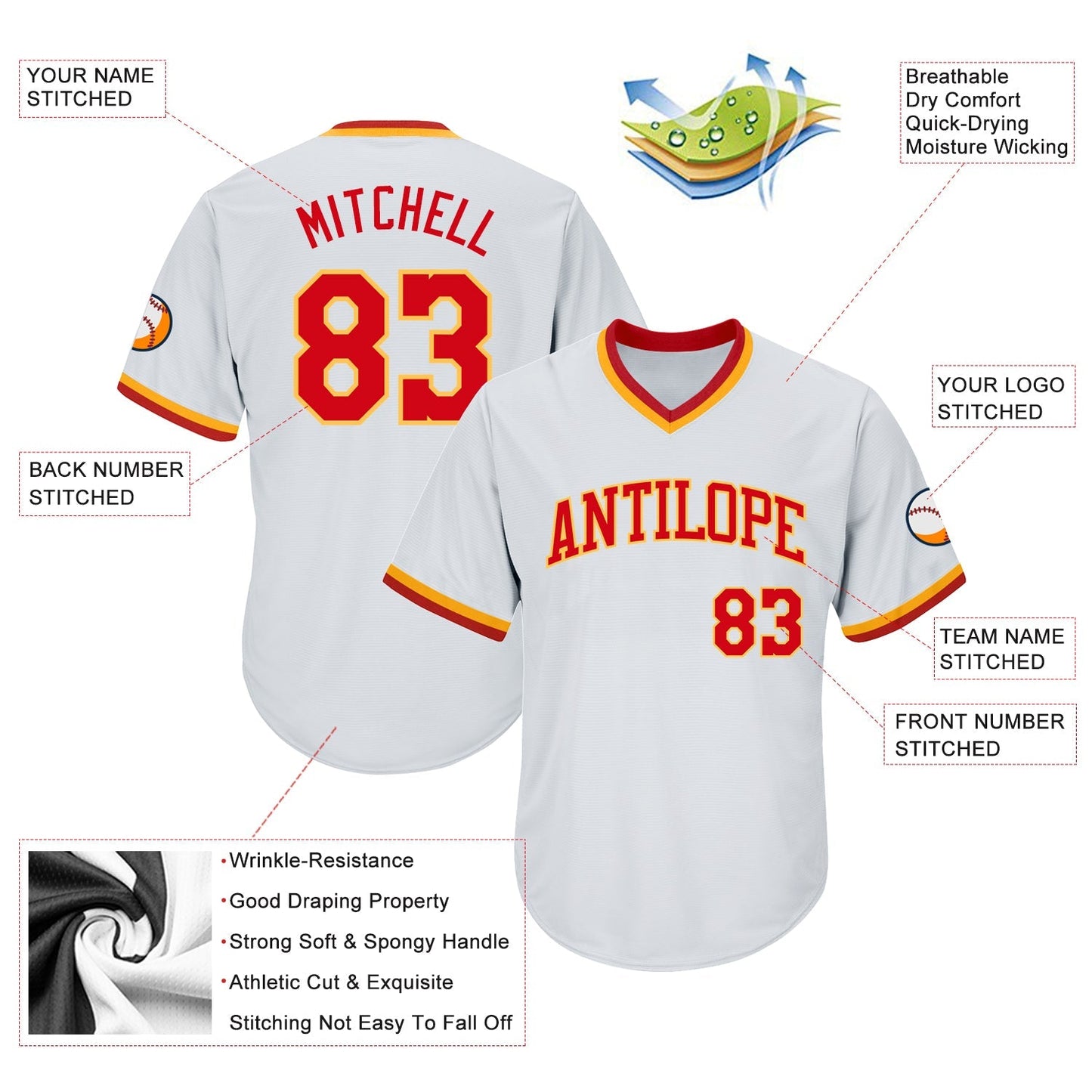 Custom White Red-Gold Authentic Throwback Rib-Knit Baseball Jersey Shirt baseball jersey product view 4