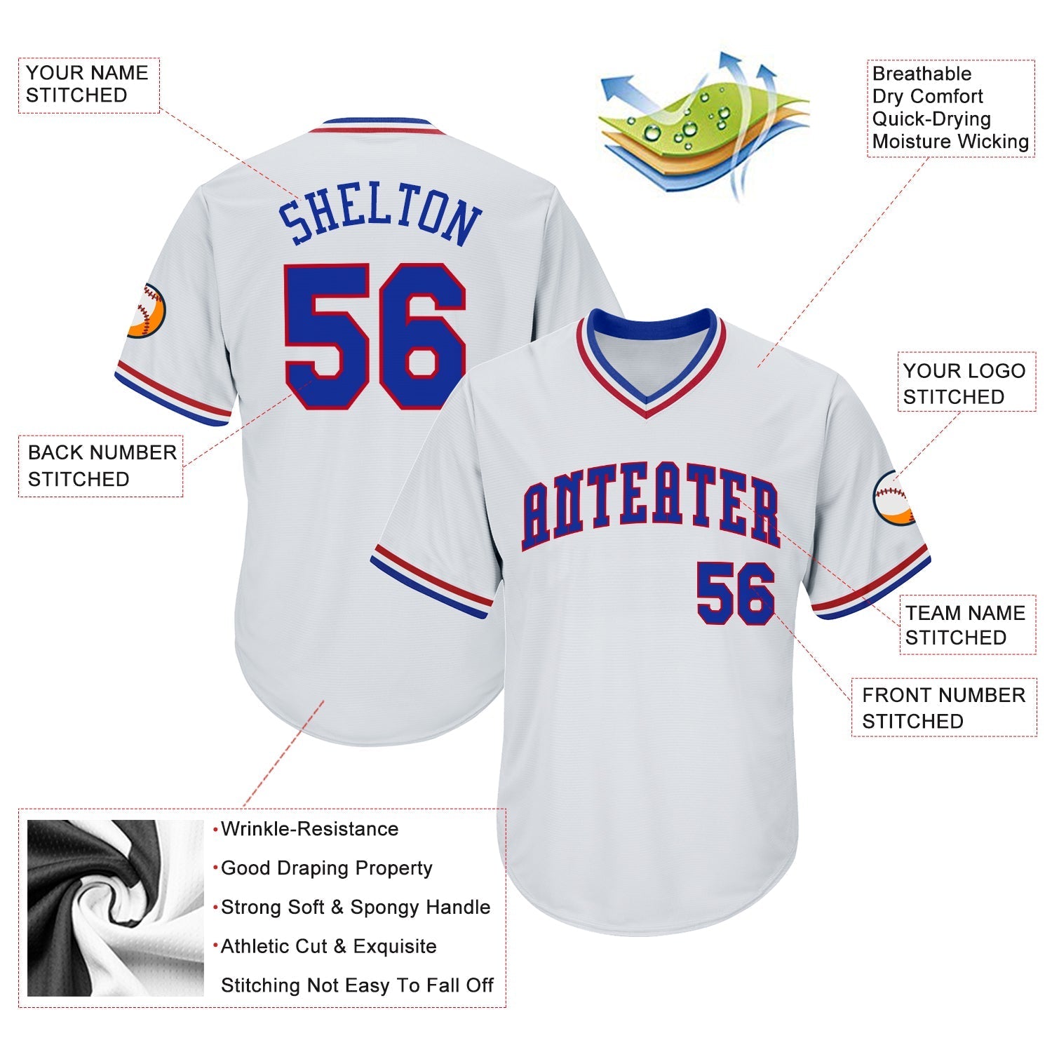 Custom White Royal-Red Authentic Throwback Rib-Knit Baseball Jersey Shirt baseball jersey product view 4