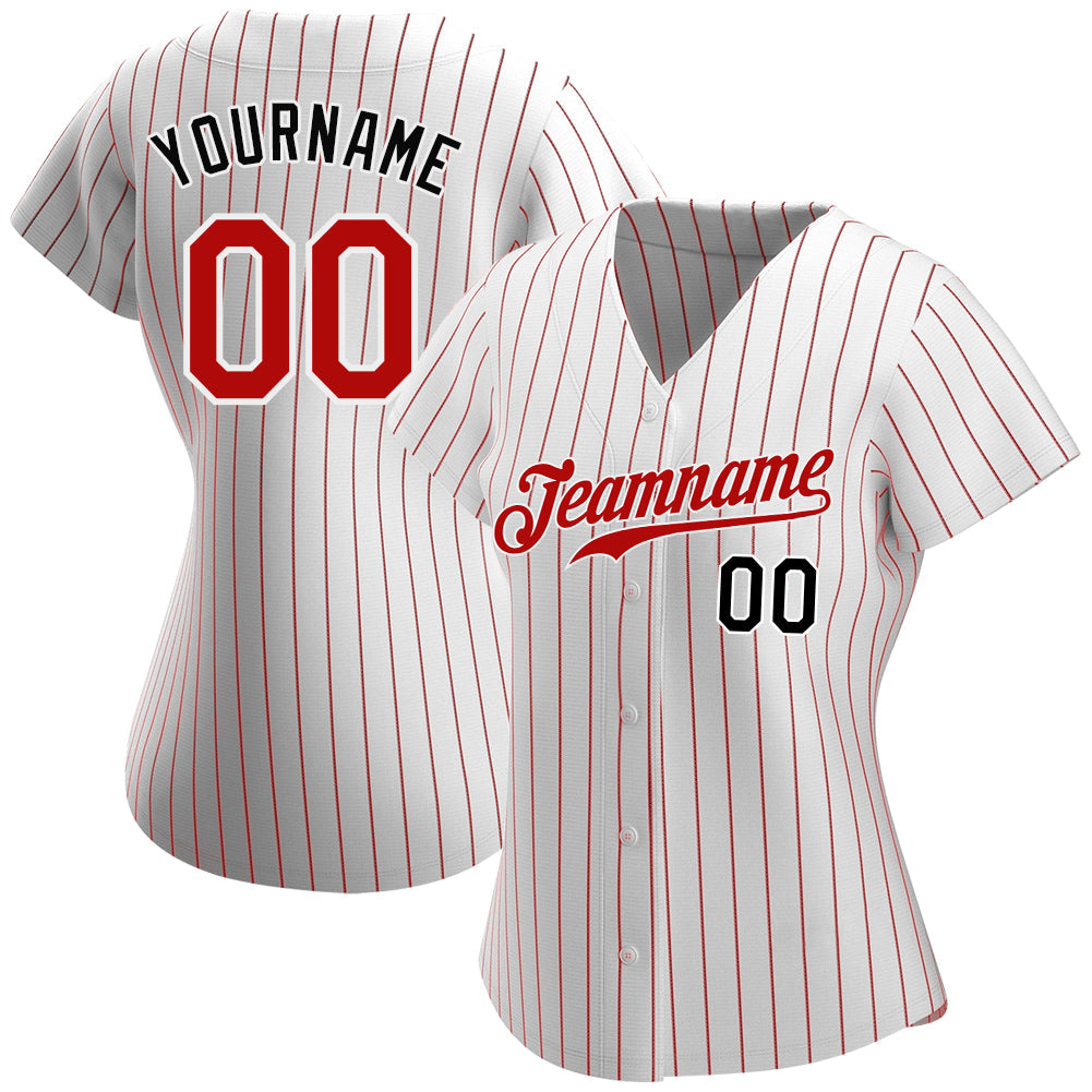 Custom White Red Pinstripe Red-Black Authentic Baseball Jersey baseball jersey product view 2