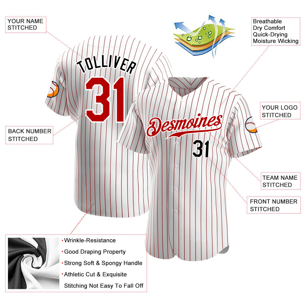 Custom White Red Pinstripe Red-Black Authentic Baseball Jersey baseball jersey product view 3