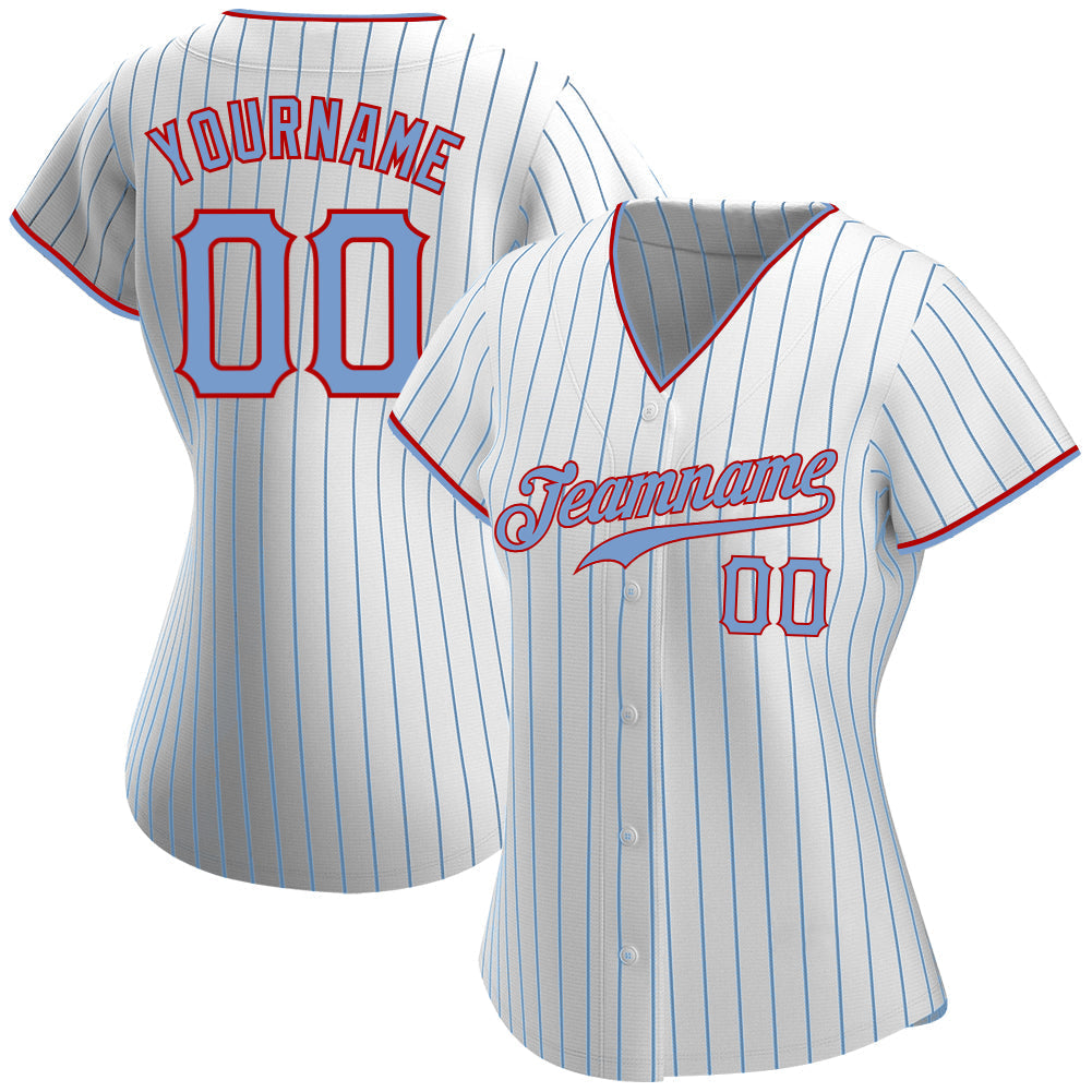 Custom White Light Blue Pinstripe Light Blue-Red Authentic Baseball Jersey baseball jersey product view 2