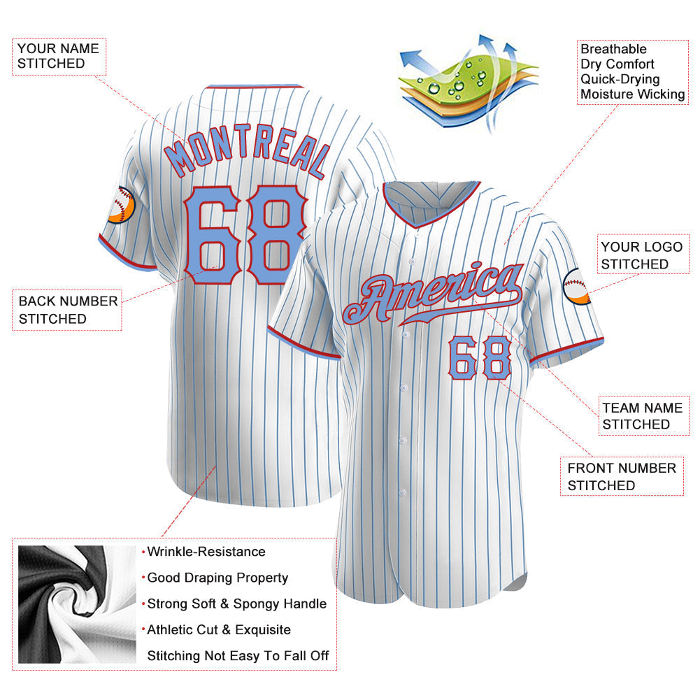 Custom White Light Blue Pinstripe Light Blue-Red Authentic Baseball Jersey baseball jersey product view 3