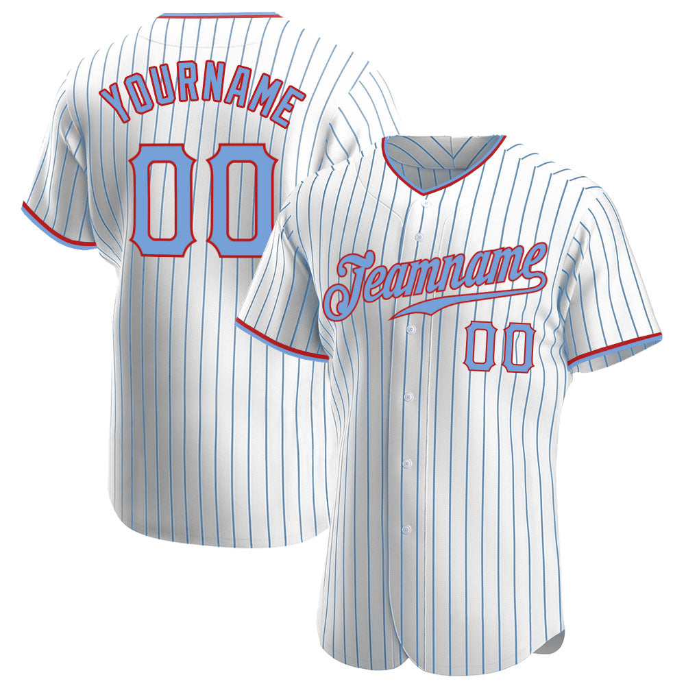 Custom White Light Blue Pinstripe Light Blue-Red Authentic Baseball Jersey baseball jersey product view 1