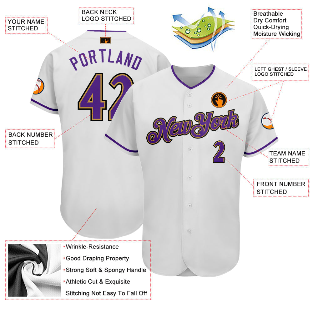 Custom White Purple-Old Gold Authentic Baseball Jersey baseball jersey product view 3
