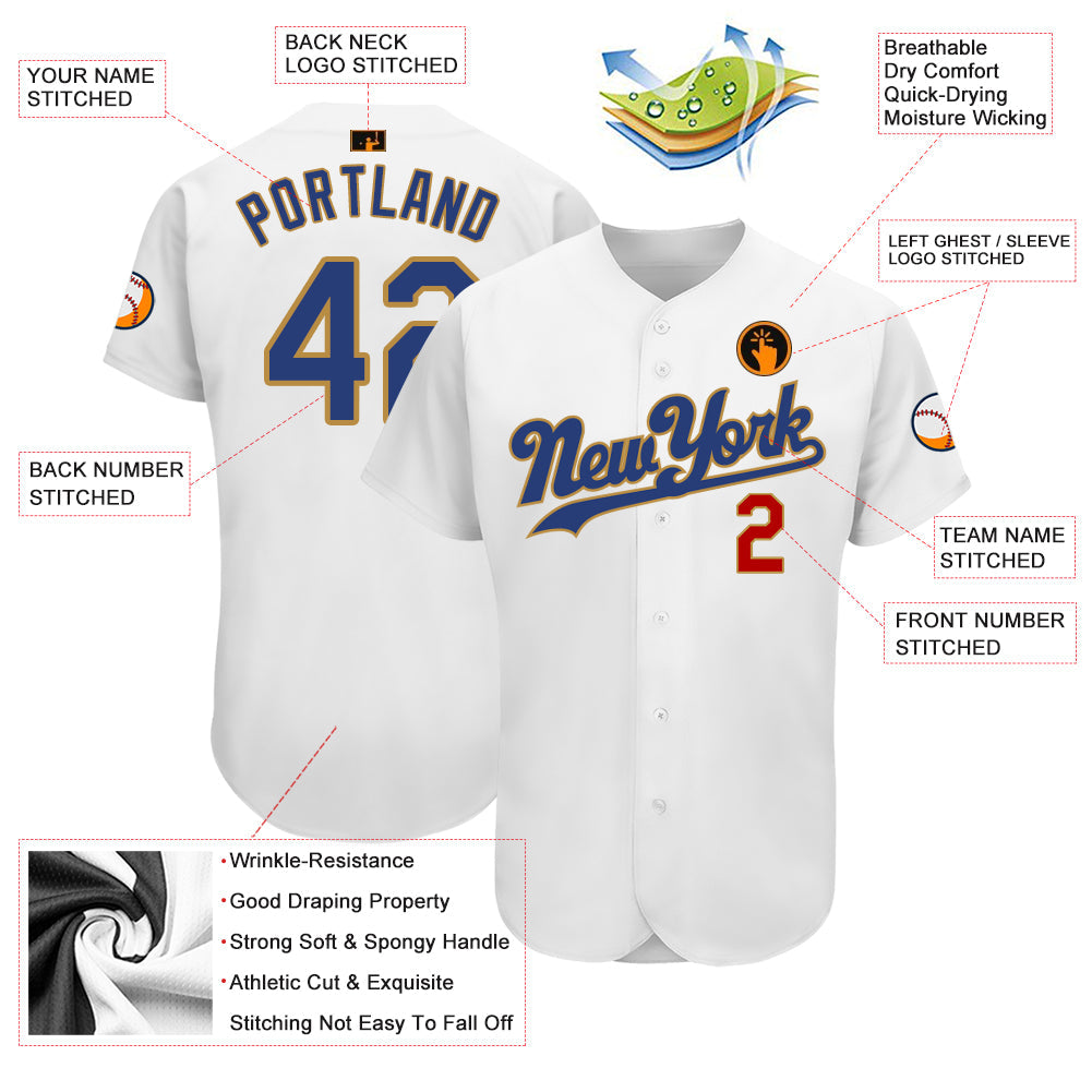 Custom White Royal-Old Gold Authentic Baseball Jersey baseball jersey product view 3