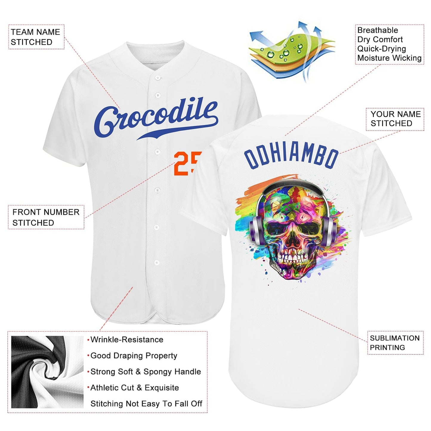 Custom White Royal-Orange Authentic Skull Fashion Baseball Jersey baseball jersey product view 3