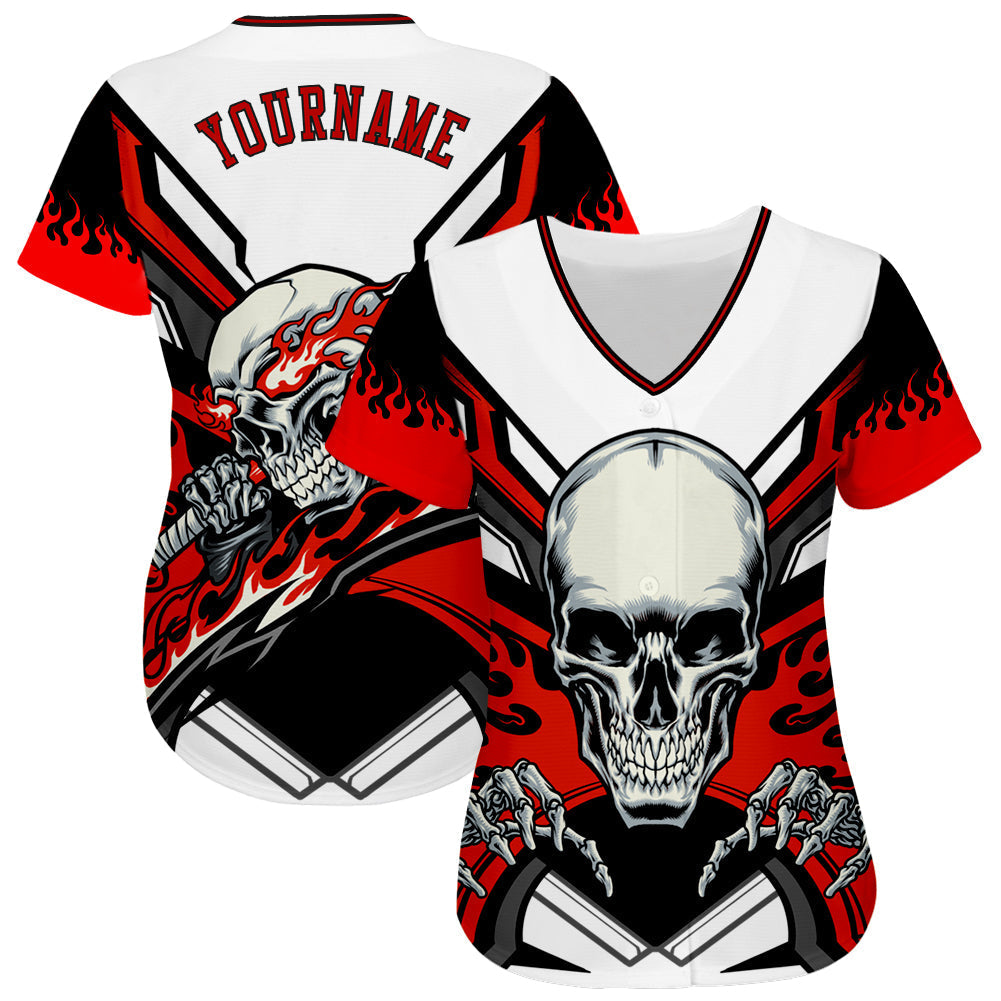 Custom White Red-Black 3D Skull Authentic Baseball Jersey baseball jersey product view 2