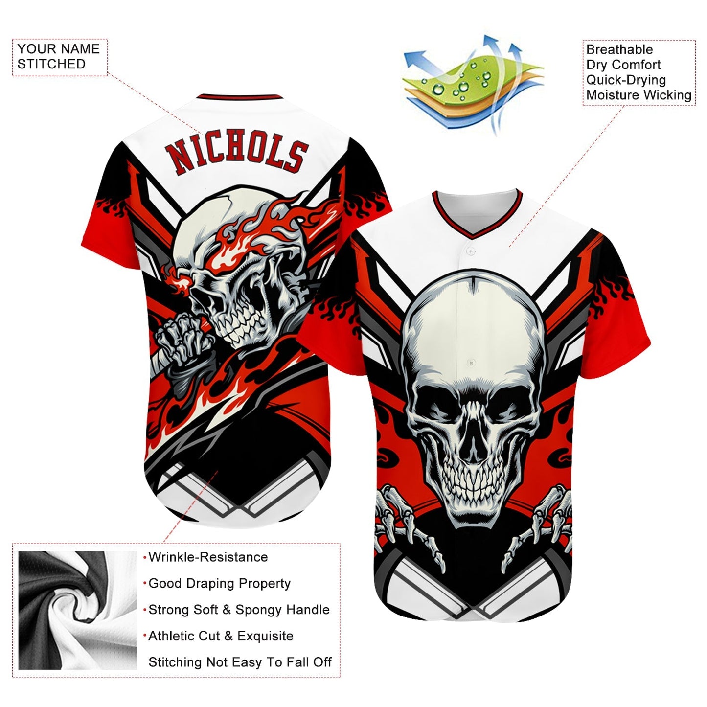 Custom White Red-Black 3D Skull Authentic Baseball Jersey baseball jersey product view 3