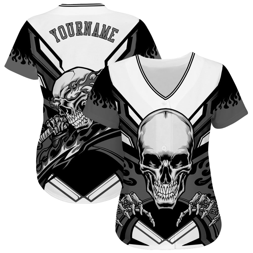 Custom White Gray-Black 3D Skull Authentic Baseball Jersey baseball jersey product view 2