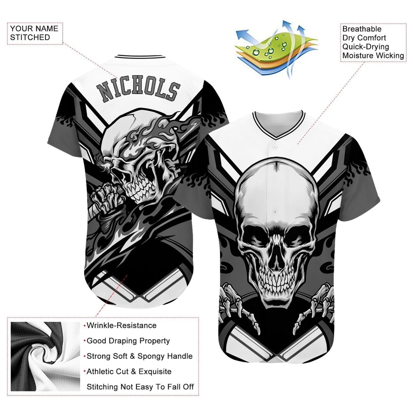 Custom White Gray-Black 3D Skull Authentic Baseball Jersey baseball jersey product view 3