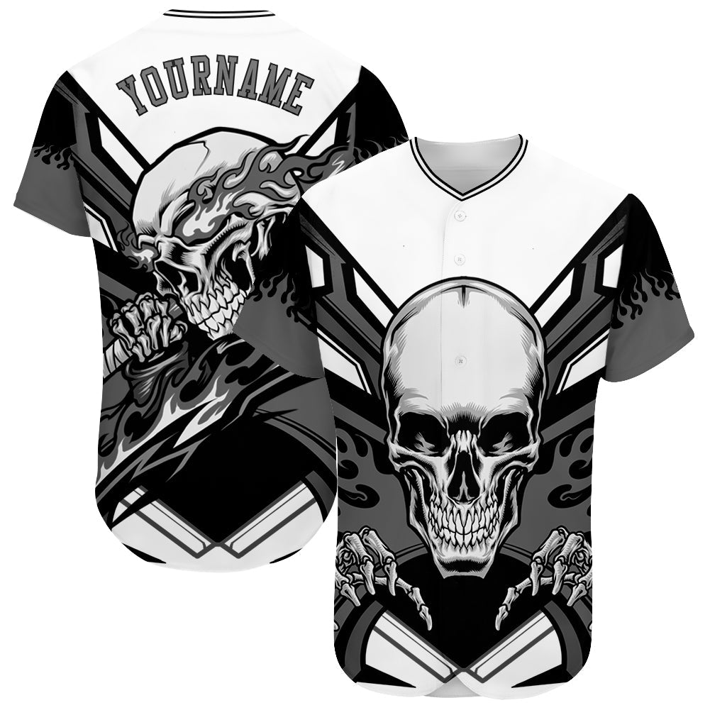 Custom White Gray-Black 3D Skull Authentic Baseball Jersey baseball jersey product view 1