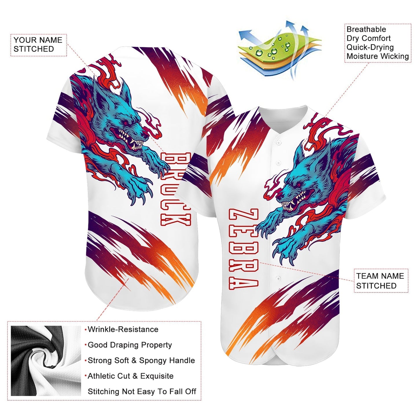 Custom White White-Red 3D Wolf Authentic Baseball Jersey baseball jersey product view 3