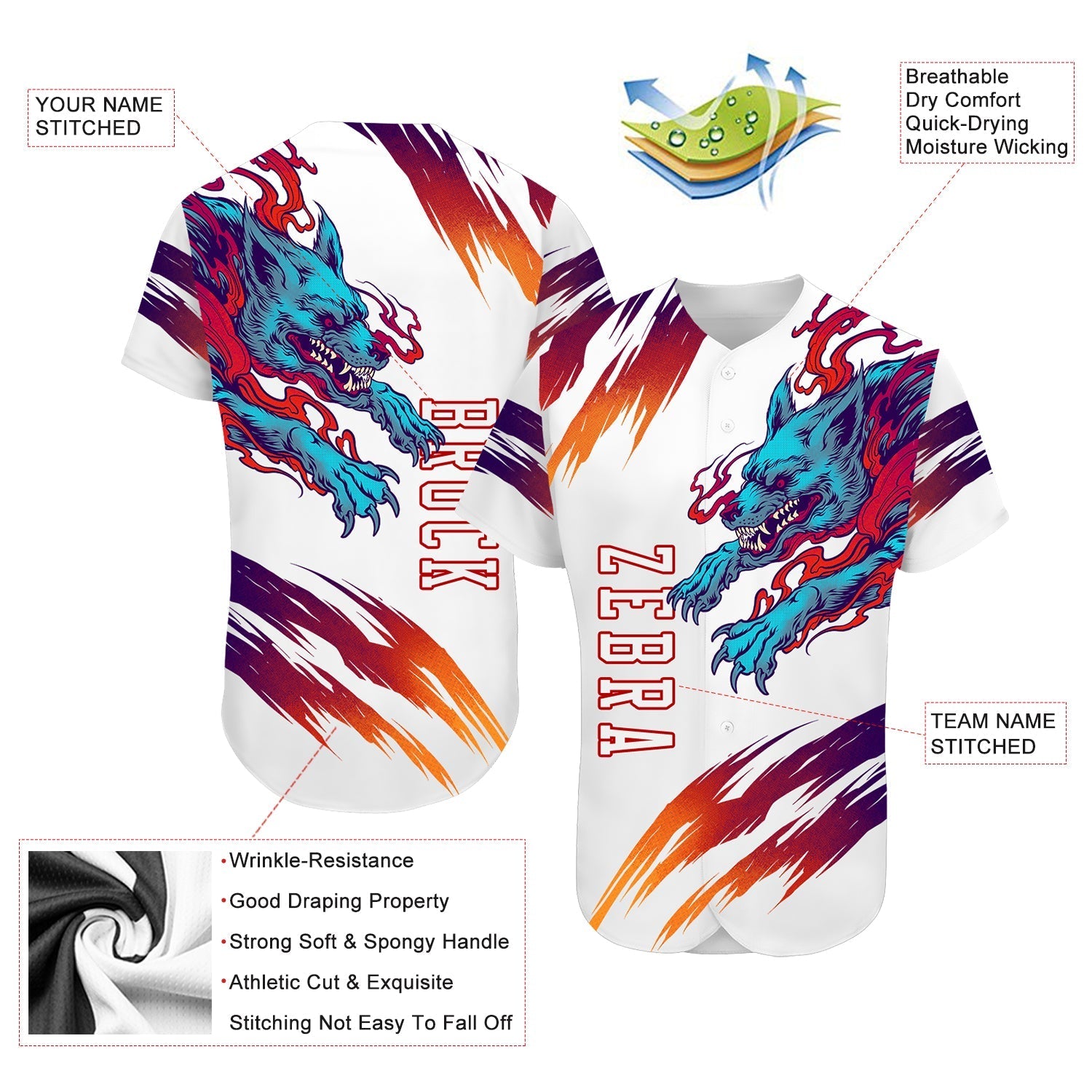 Custom White White-Red 3D Wolf Authentic Baseball Jersey baseball jersey product view 3