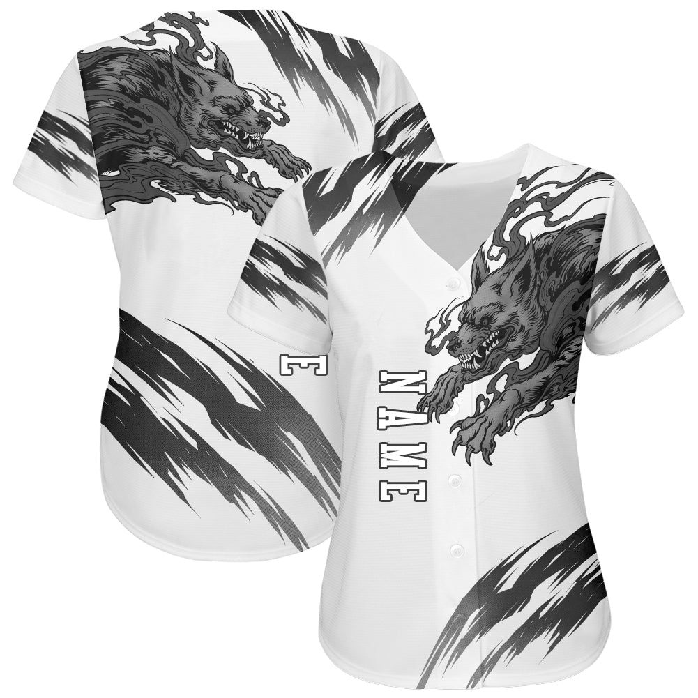 Custom White White-Black 3D Wolf Authentic Baseball Jersey baseball jersey product view 2