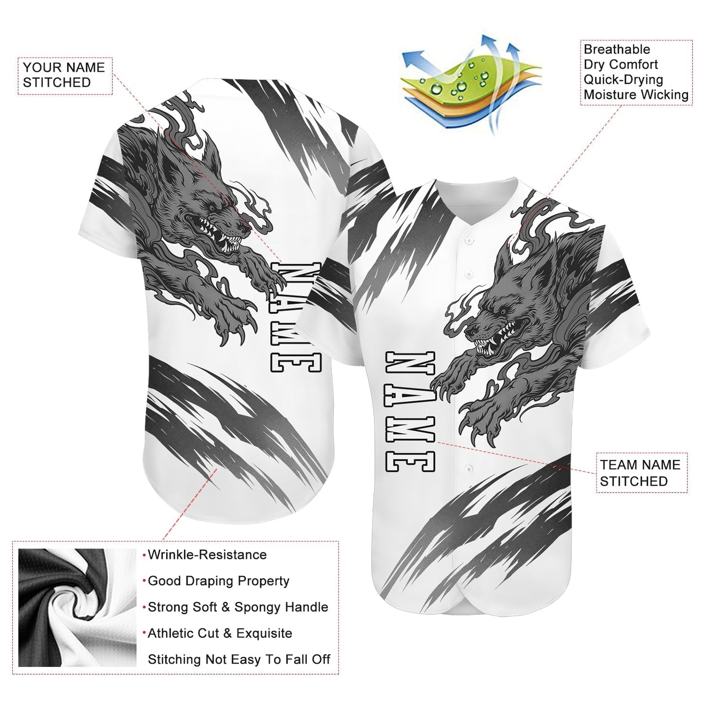 Custom White White-Black 3D Wolf Authentic Baseball Jersey baseball jersey product view 3