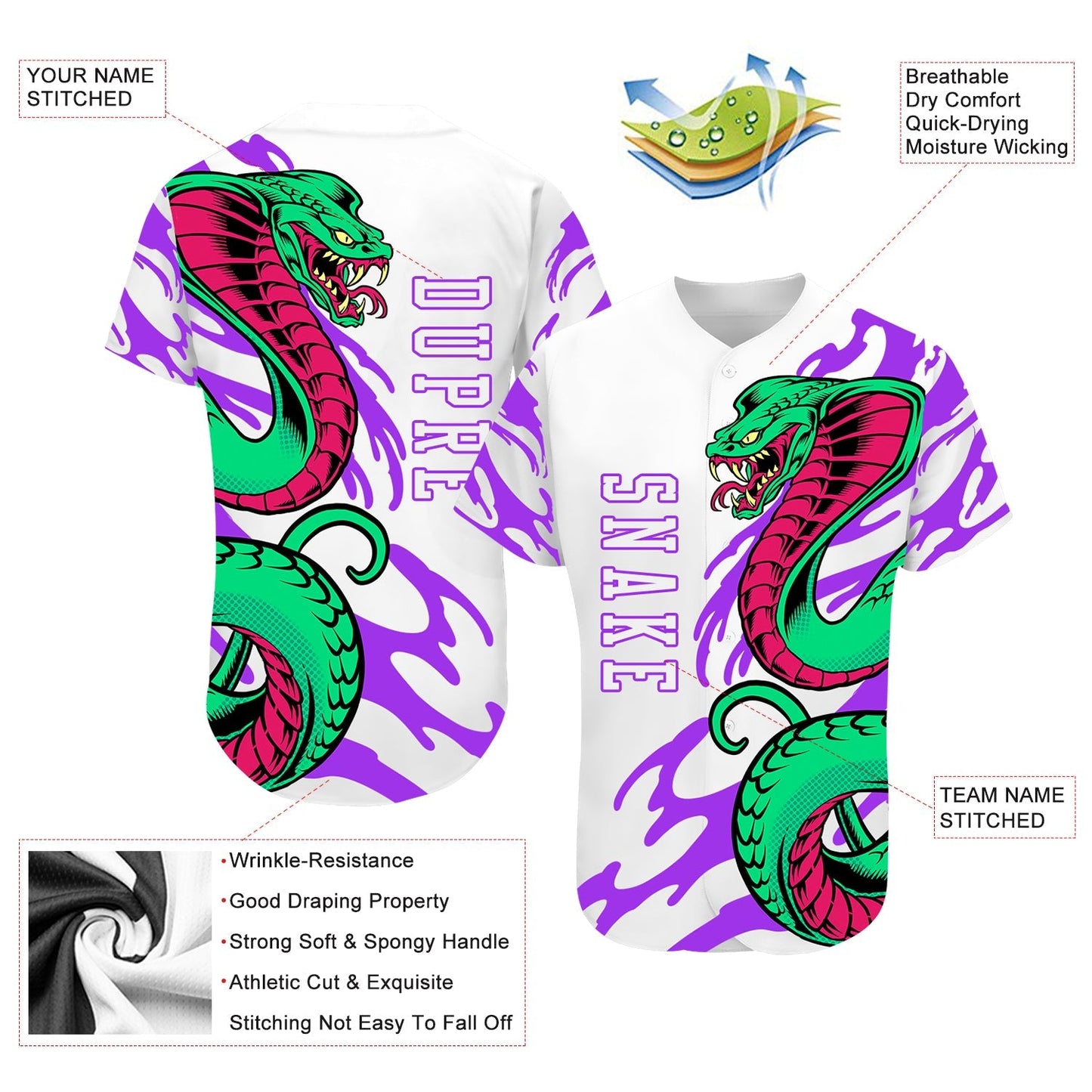 Custom White White-Purple 3D Snake Authentic Baseball Jersey baseball jersey product view 3