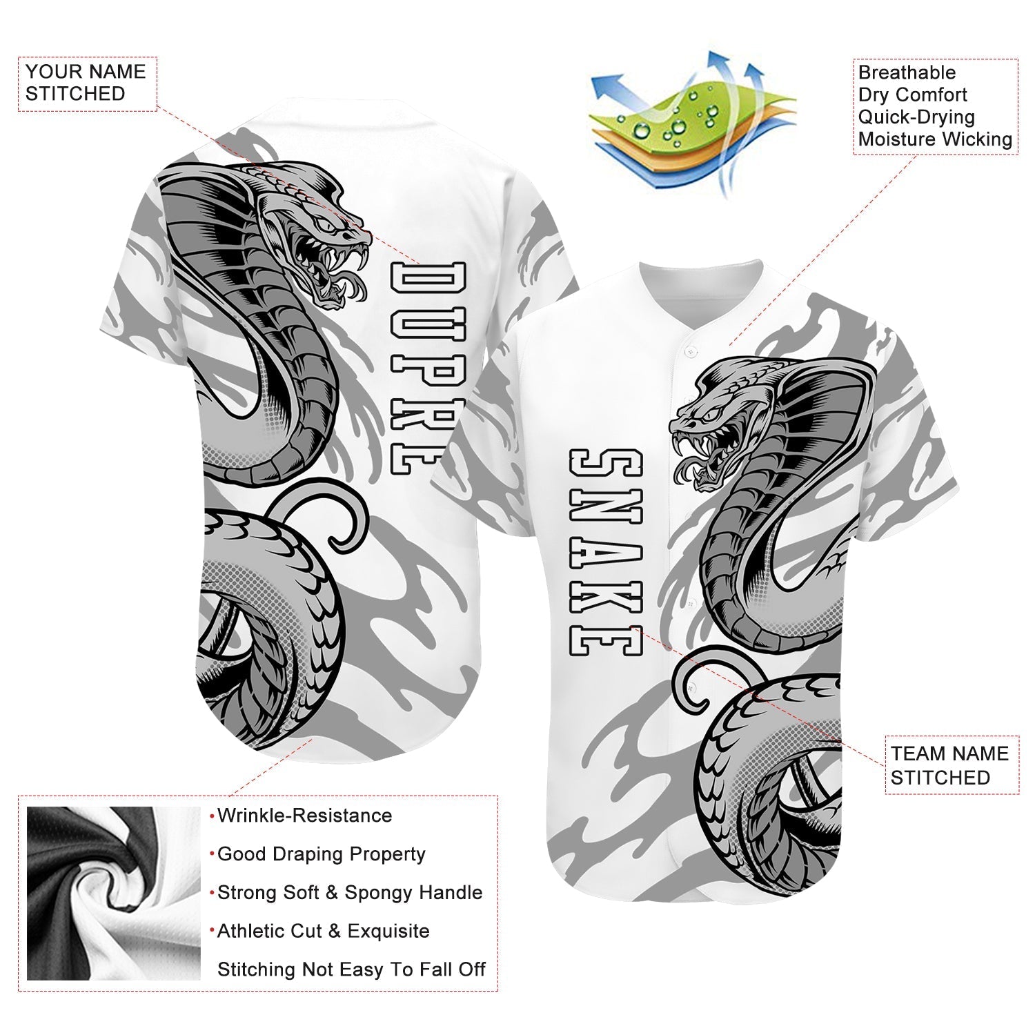 Custom White White-Black 3D Snake Authentic Baseball Jersey baseball jersey product view 3