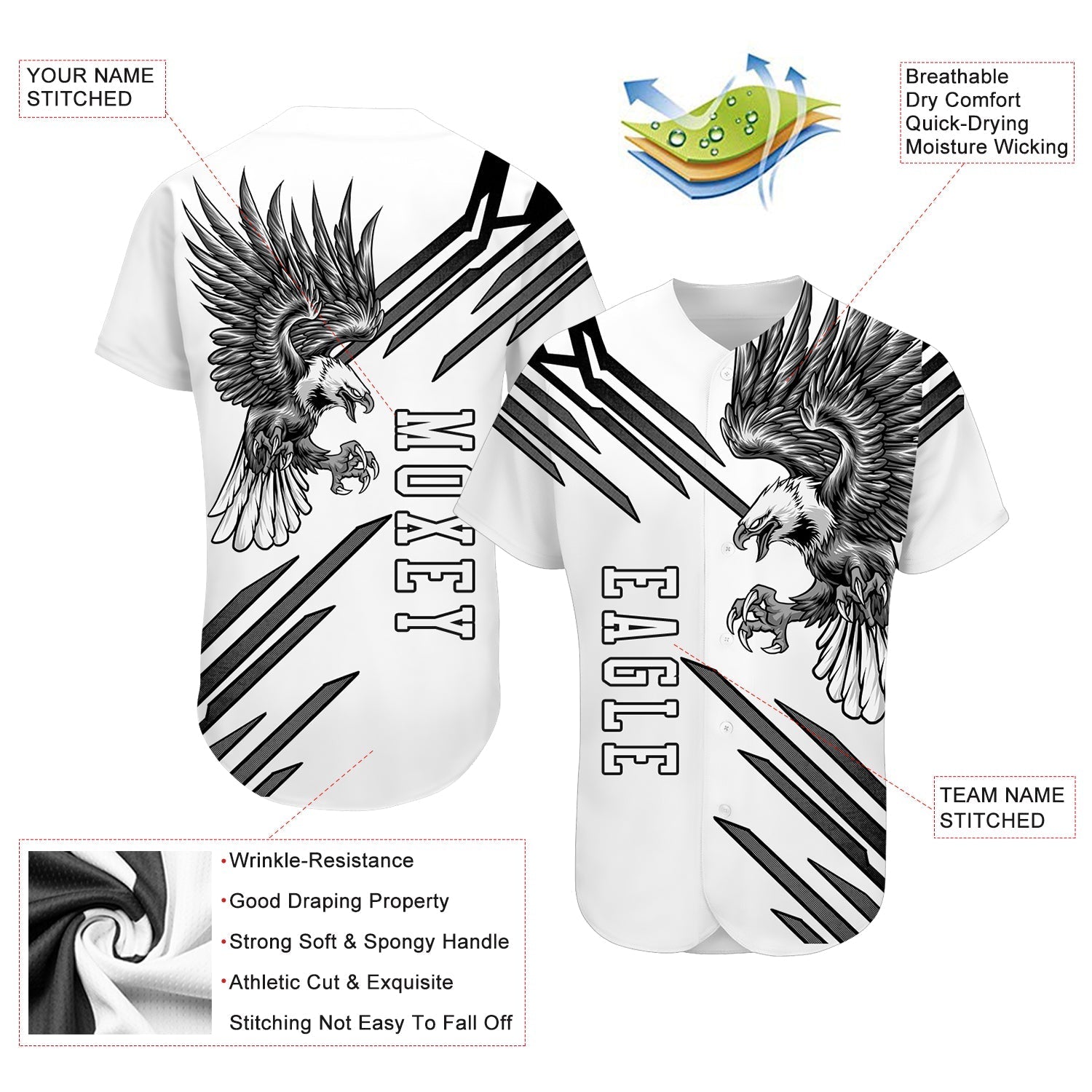 Custom White White-Black 3D Eagle Authentic Baseball Jersey baseball jersey product view 3