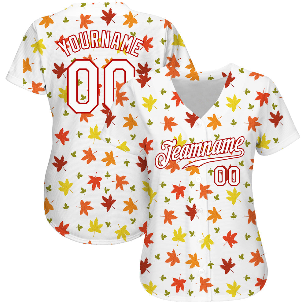 Custom White White-Red 3D Pattern Design Autumn Leaves Authentic Baseball Jersey baseball jersey product view 2