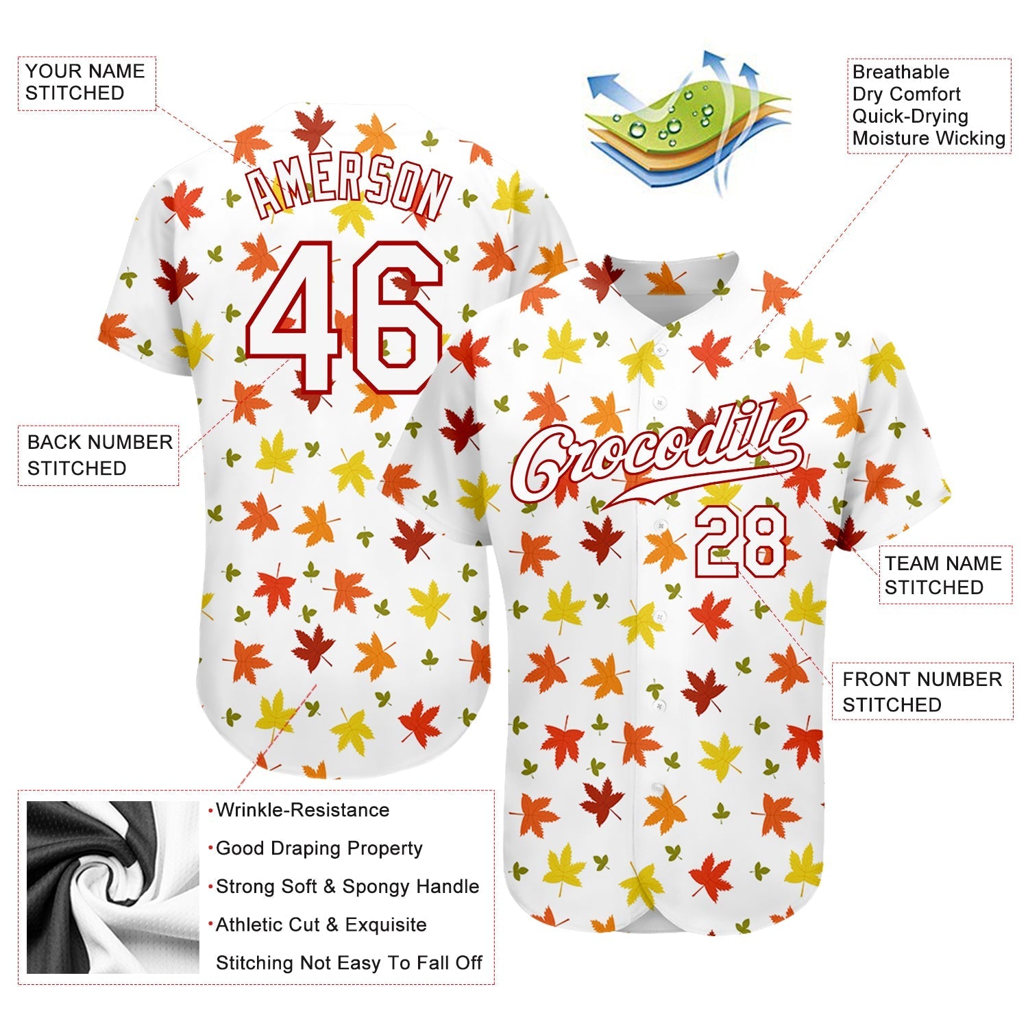 Custom White White-Red 3D Pattern Design Autumn Leaves Authentic Baseball Jersey baseball jersey product view 3