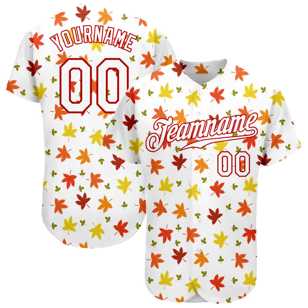Custom White White-Red 3D Pattern Design Autumn Leaves Authentic Baseball Jersey baseball jersey product view 1