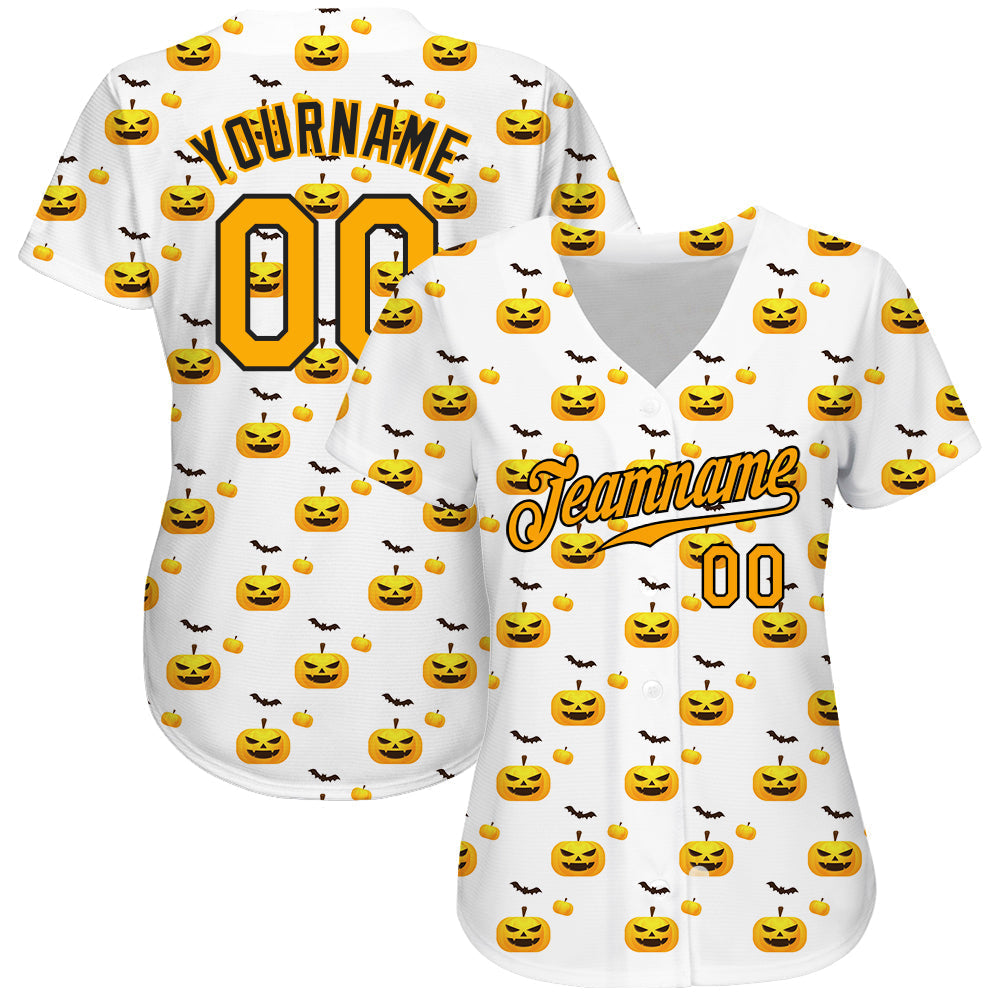 Custom White Gold-Black 3D Pattern Design Halloween Pattern With Pumpkins Authentic Baseball Jersey baseball jersey product view 2