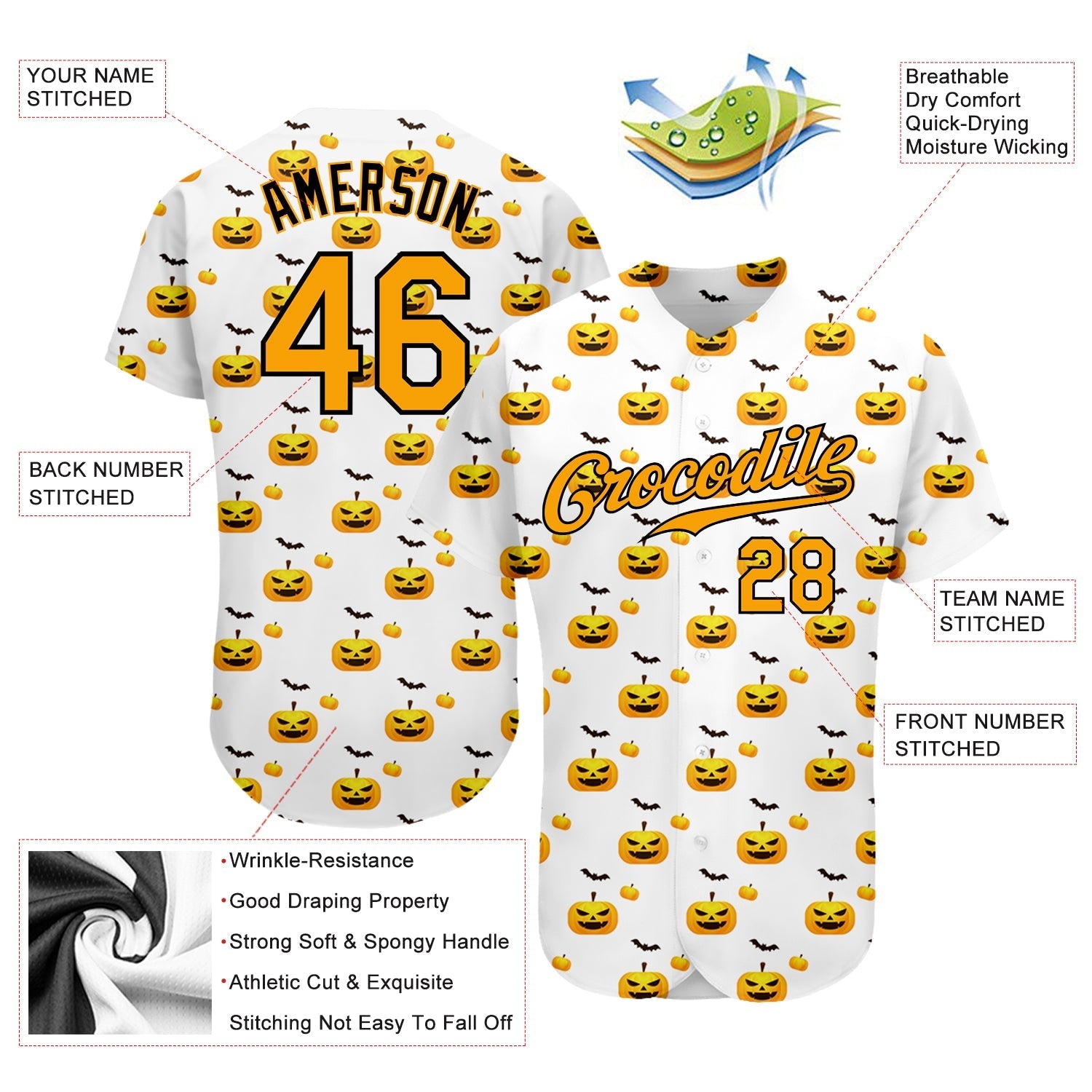 Custom White Gold-Black 3D Pattern Design Halloween Pattern With Pumpkins Authentic Baseball Jersey baseball jersey product view 3