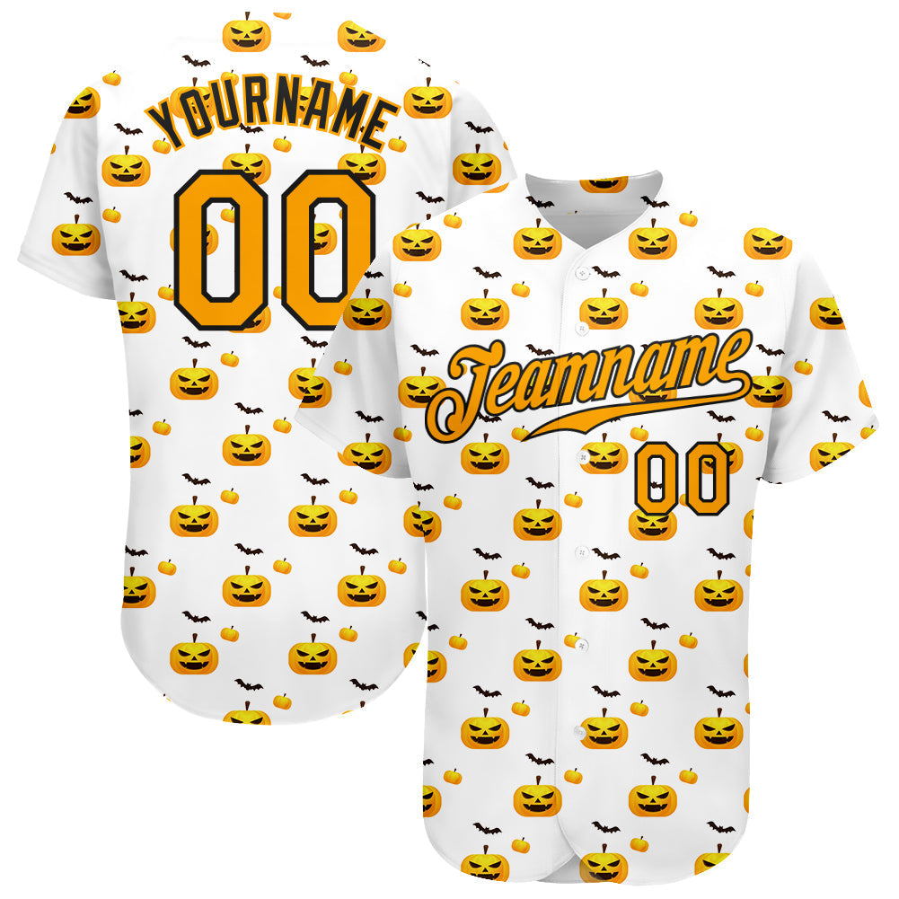 Custom White Gold-Black 3D Pattern Design Halloween Pattern With Pumpkins Authentic Baseball Jersey baseball jersey product view 1