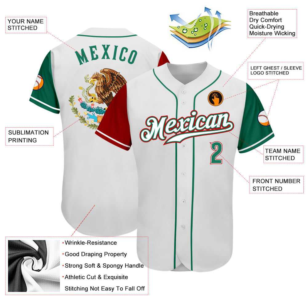 Custom White Kelly Green-Red Authentic Mexico Two Tone Baseball Jersey baseball jersey product view 3