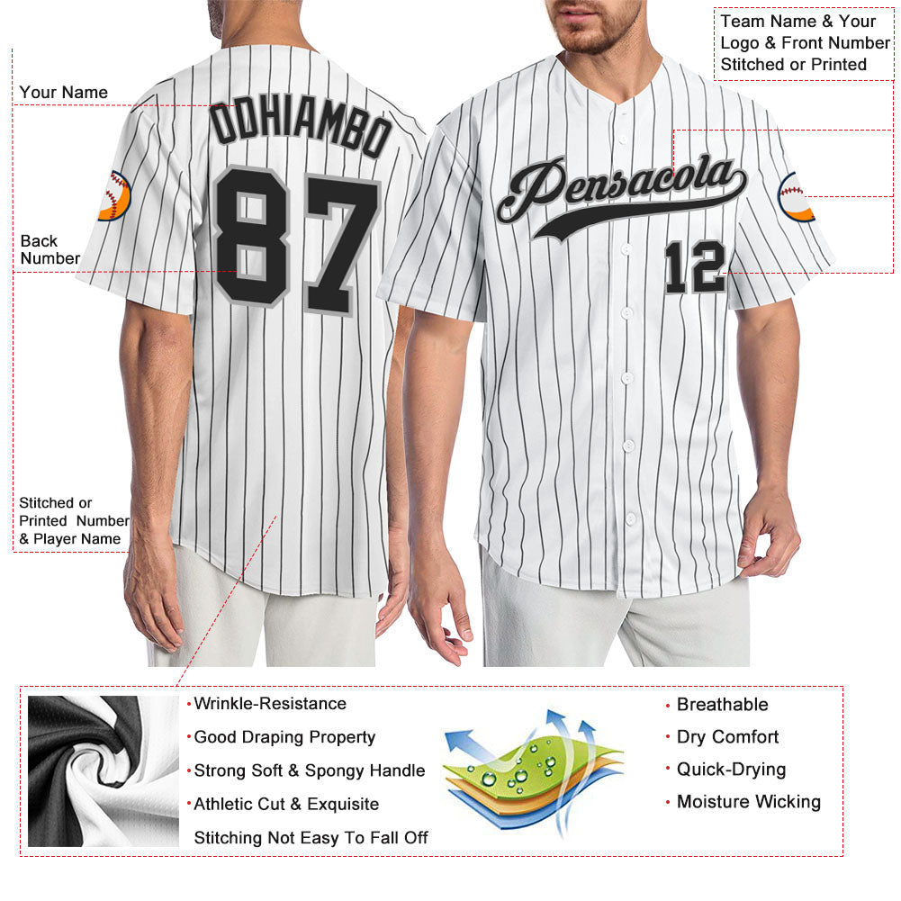 Custom White Black Pinstripe Black-Gray Authentic Baseball Jersey baseball jersey product view 3
