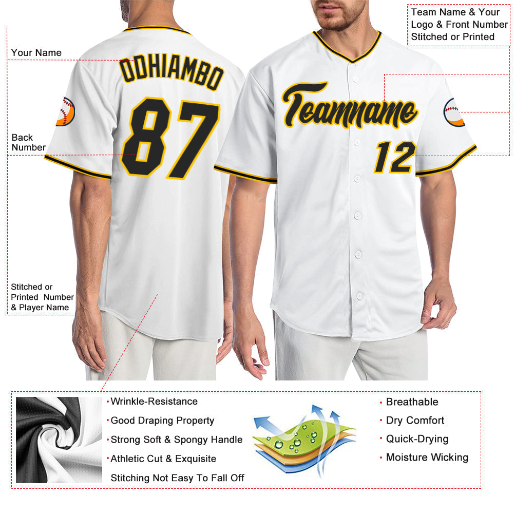 Custom White Black-Gold Authentic Baseball Jersey baseball jersey product view 3
