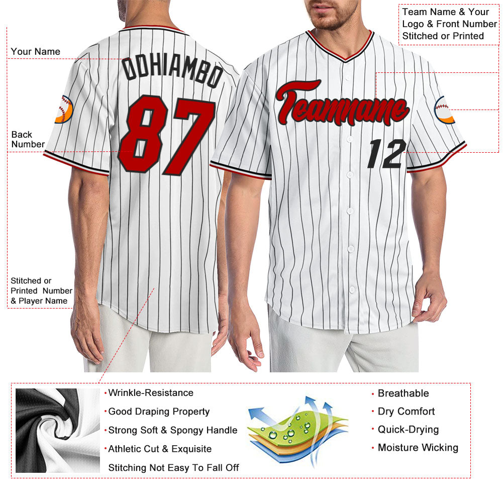 Custom White Black Pinstripe Red-Black Authentic Baseball Jersey baseball jersey product view 3