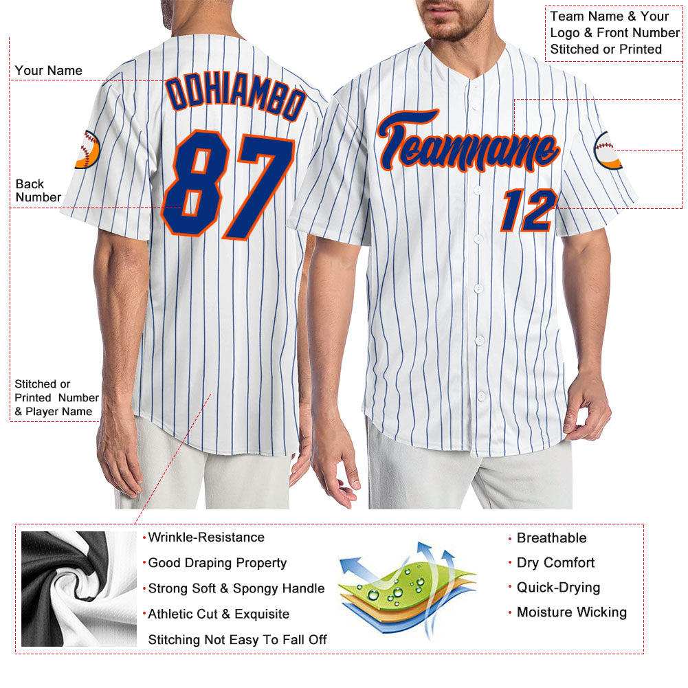 Custom White Royal Pinstripe Royal-Orange Authentic Baseball Jersey baseball jersey product view 3