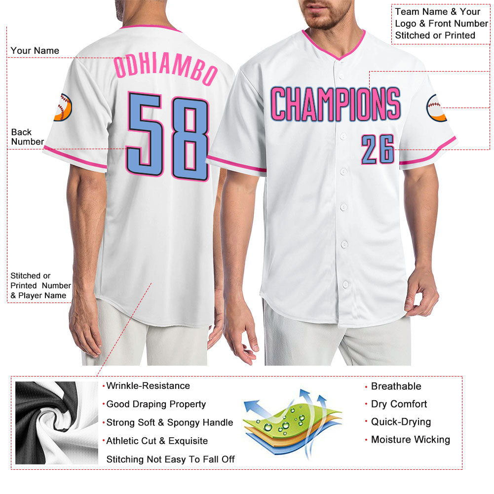 Custom White Light Blue-Pink Authentic Baseball Jersey baseball jersey product view 3