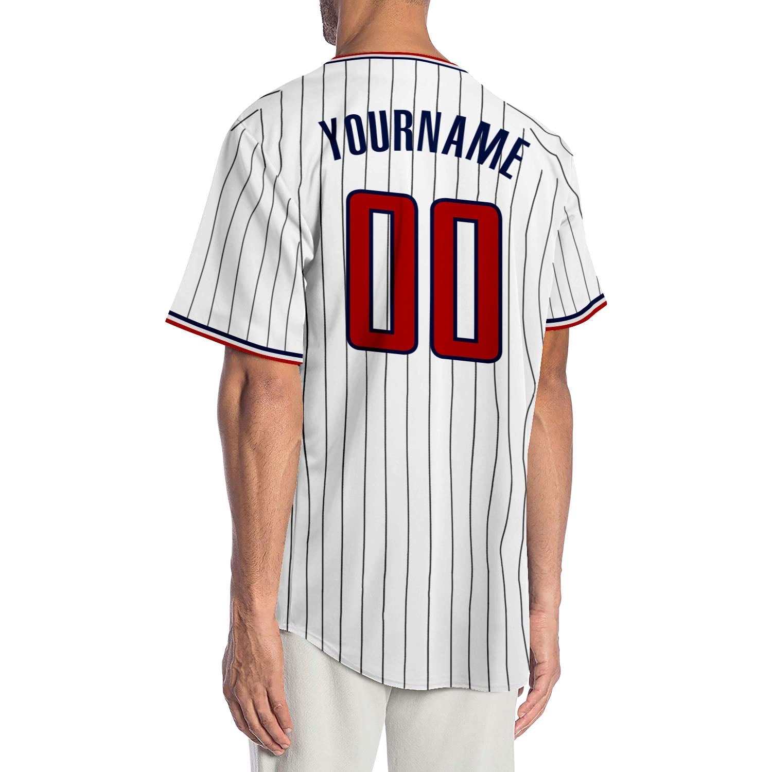 Custom White Navy Pinstripe Red-Navy Authentic Baseball Jersey baseball jersey product view 2