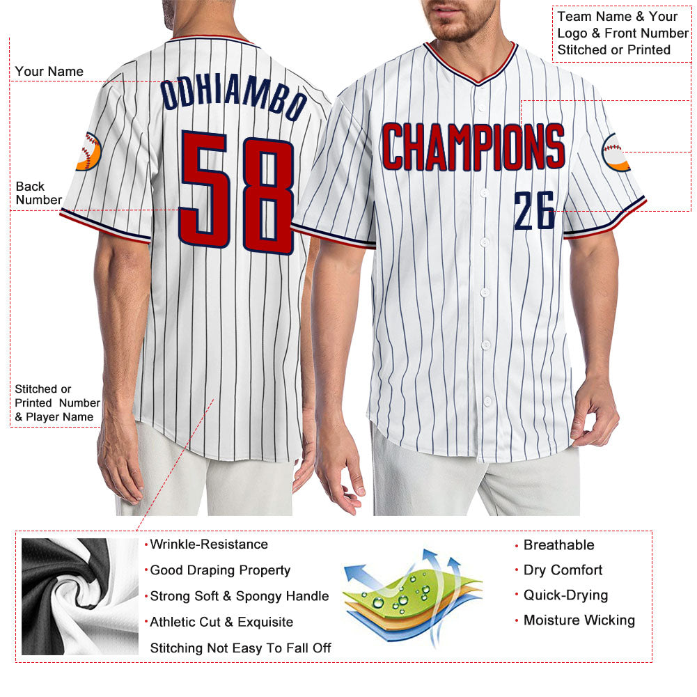 Custom White Navy Pinstripe Red-Navy Authentic Baseball Jersey baseball jersey product view 3