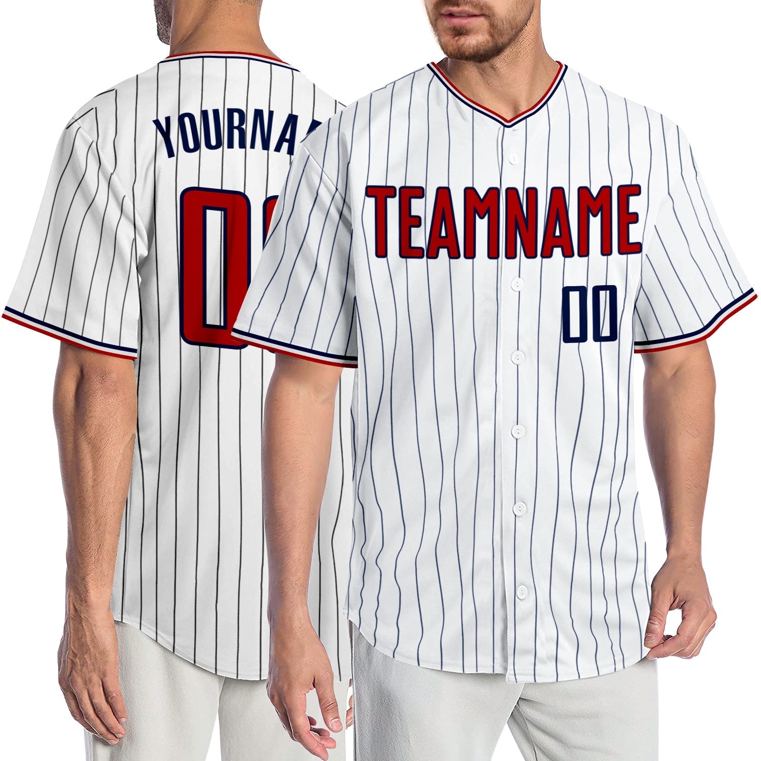 Custom White Navy Pinstripe Red-Navy Authentic Baseball Jersey baseball jersey product view 1