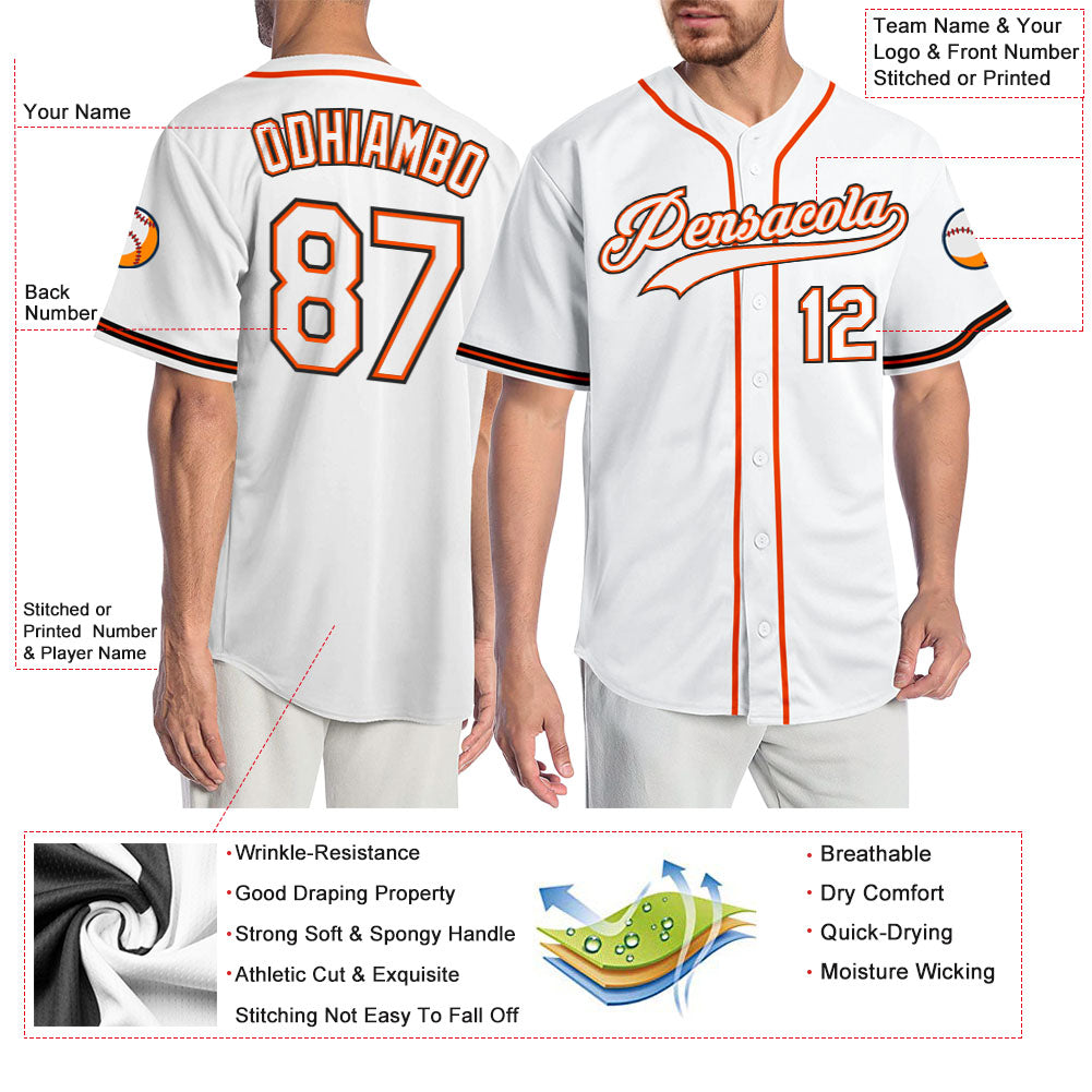 Custom White White-Orange Authentic Baseball Jersey baseball jersey product view 3