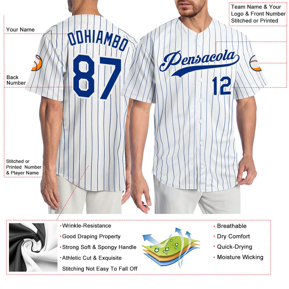 Custom White Royal Pinstripe Royal-White Authentic Baseball Jersey baseball jersey product view 3
