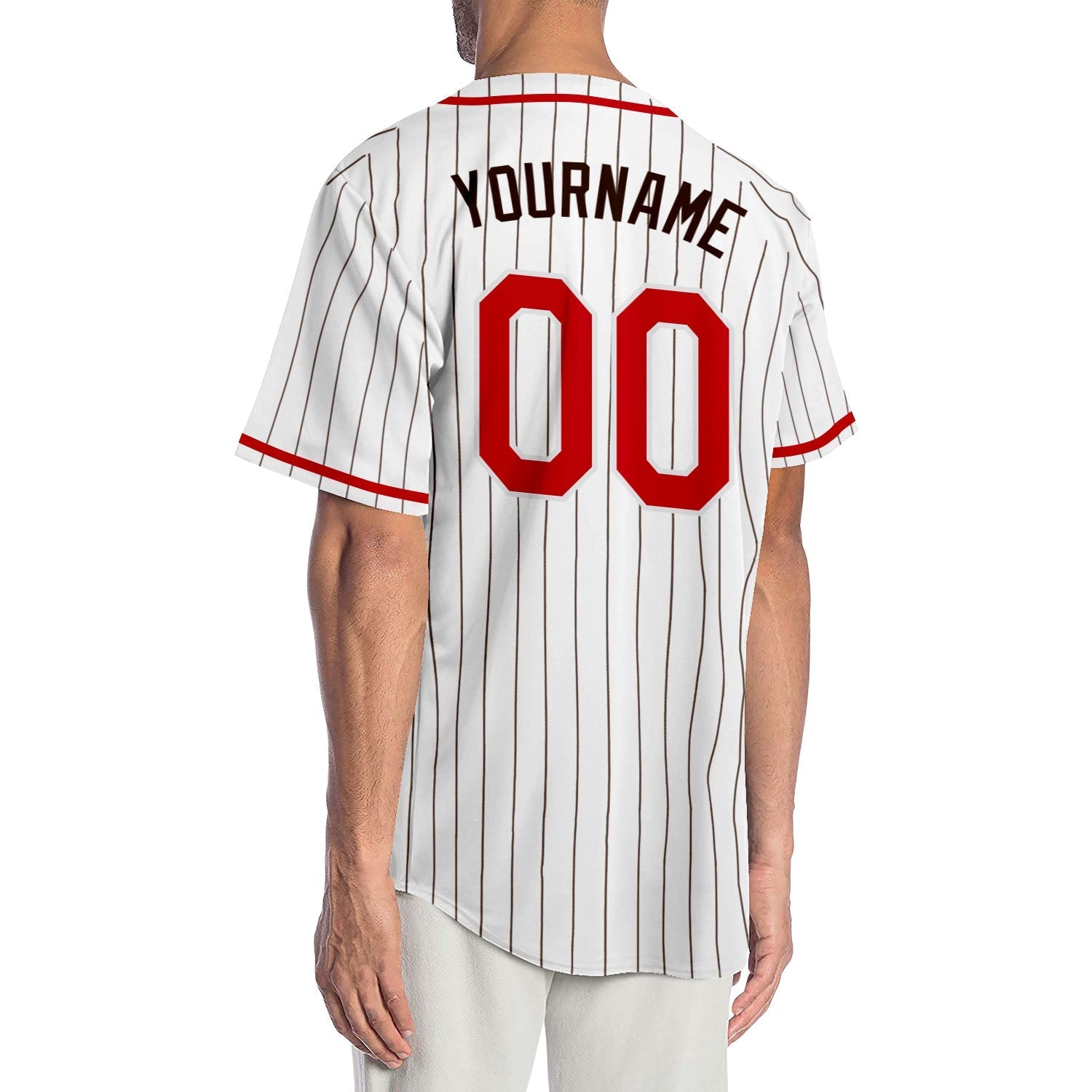 Custom White Brown Pinstripe Red-Brown Authentic Baseball Jersey baseball jersey product view 2