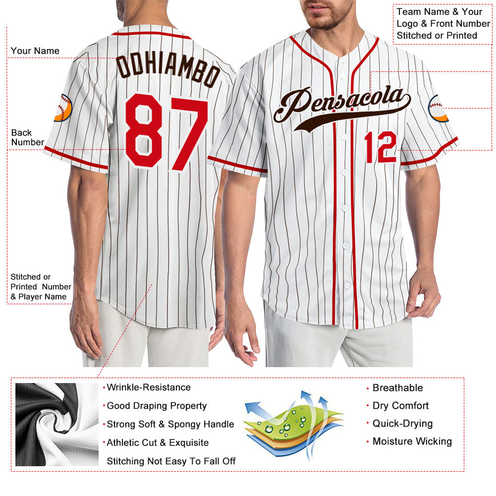 Custom White Brown Pinstripe Red-Brown Authentic Baseball Jersey baseball jersey product view 3