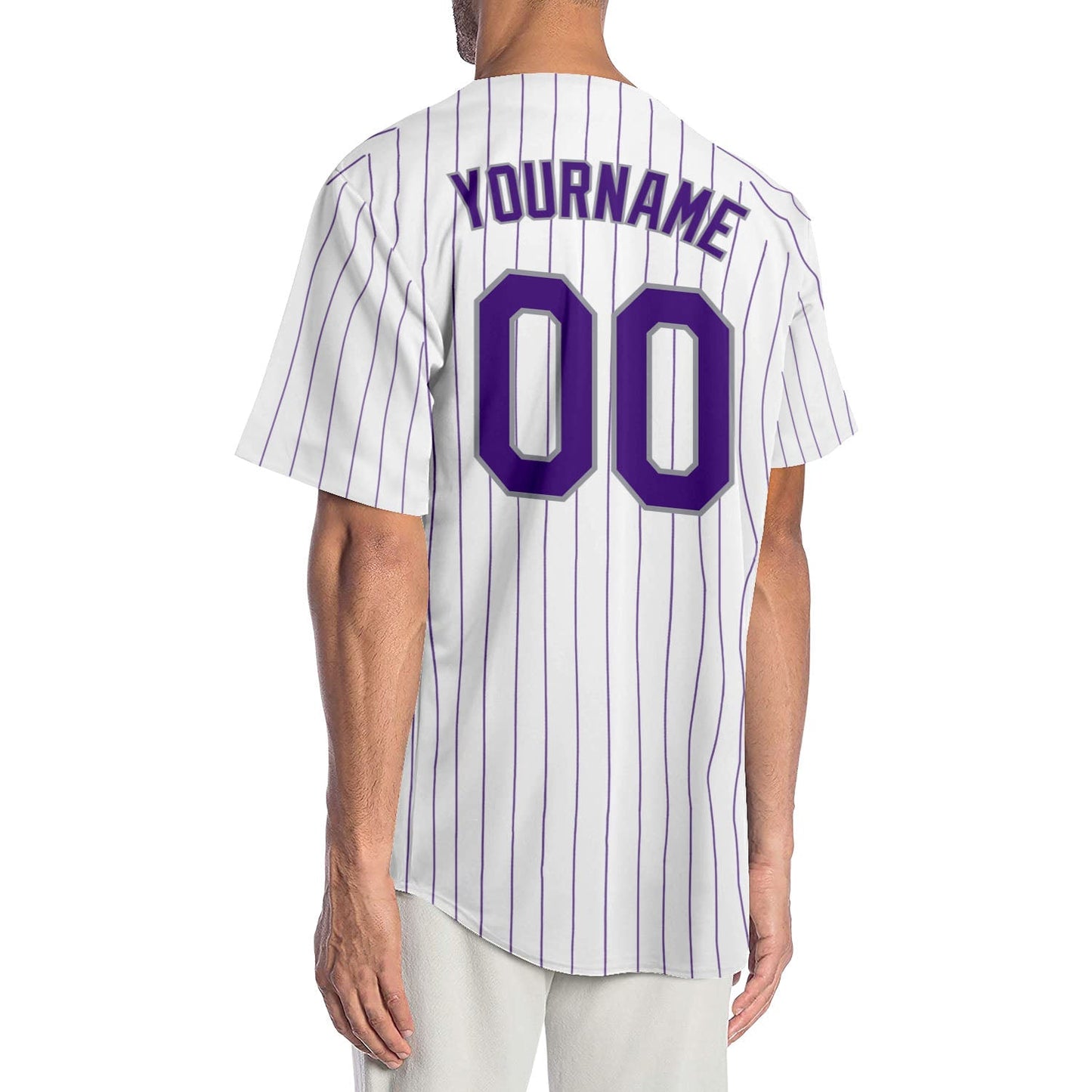 Custom White Purple Pinstripe Purple-Gray Authentic Baseball Jersey baseball jersey product view 2