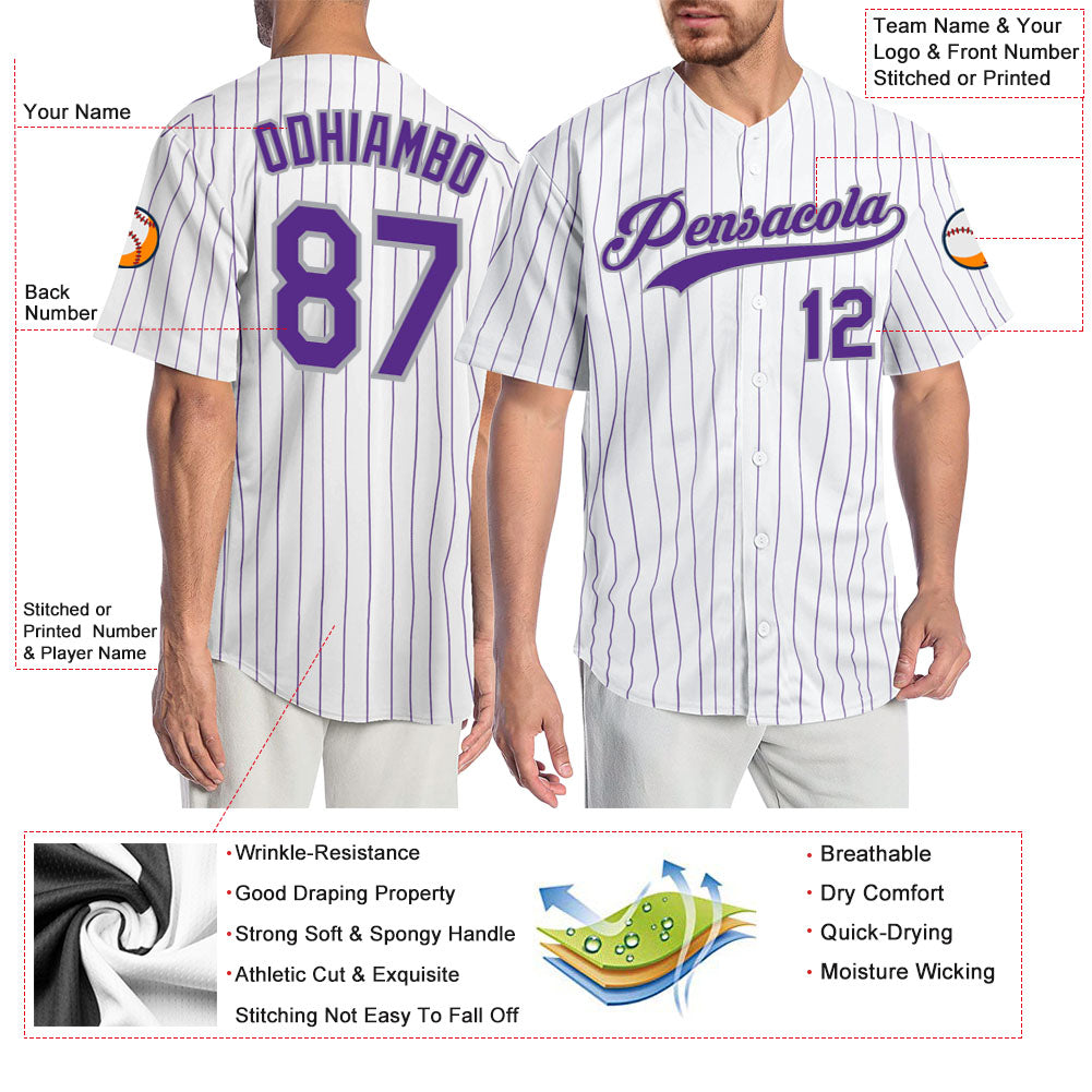 Custom White Purple Pinstripe Purple-Gray Authentic Baseball Jersey baseball jersey product view 3