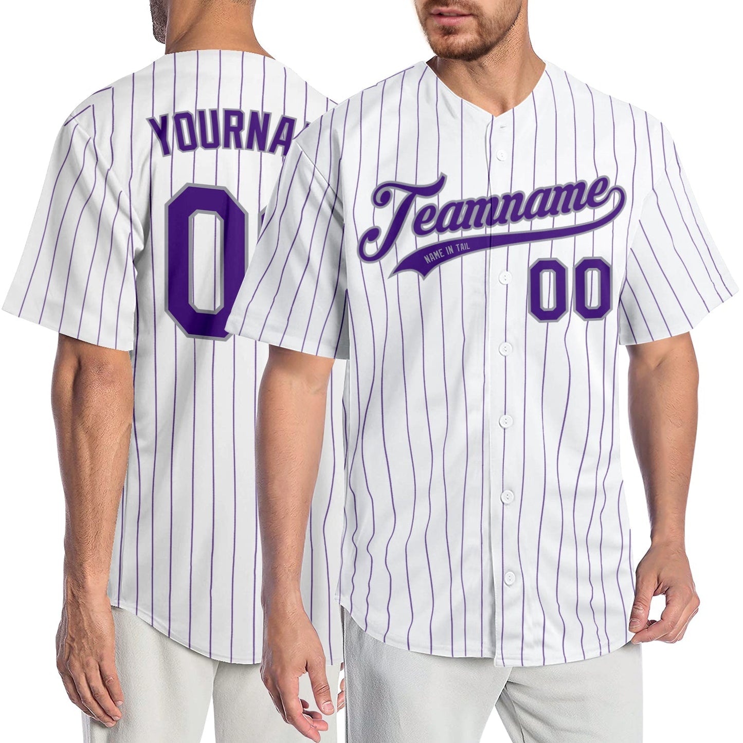 Custom White Purple Pinstripe Purple-Gray Authentic Baseball Jersey baseball jersey product view 1
