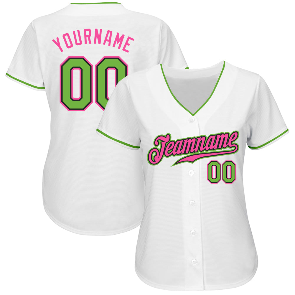 Custom White Neon Green-Pink Authentic Baseball Jersey baseball jersey product view 2
