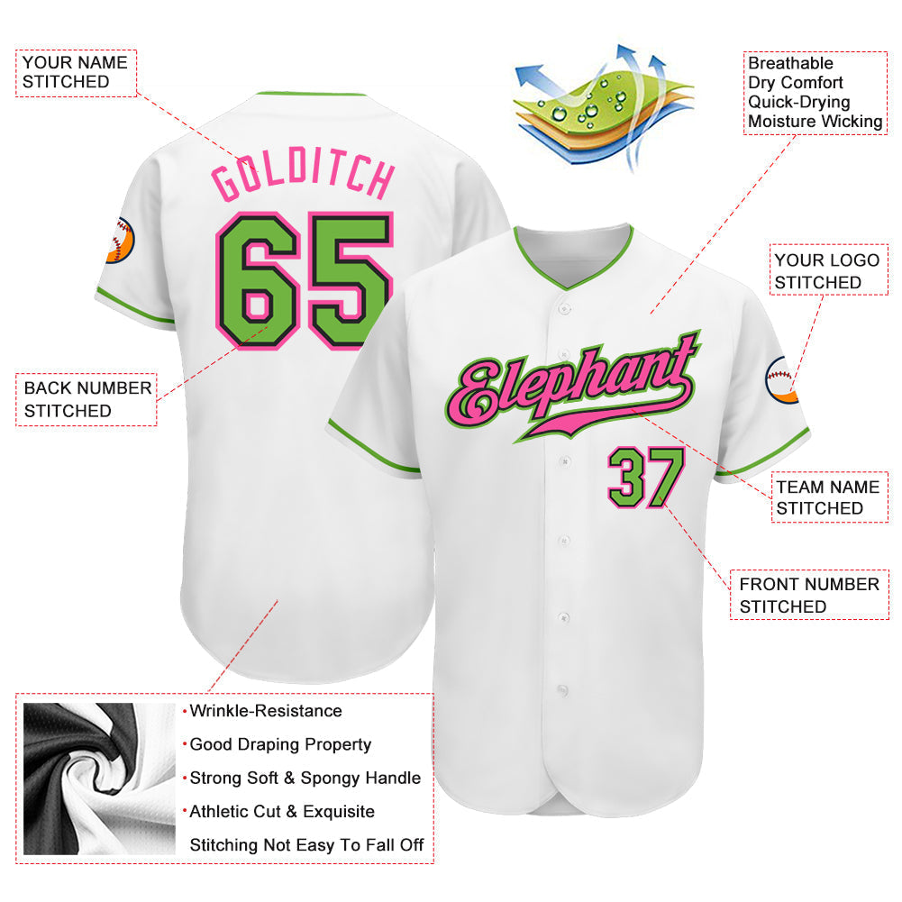 Custom White Neon Green-Pink Authentic Baseball Jersey baseball jersey product view 3